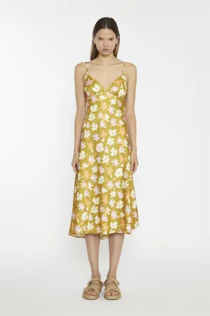 Olive Multi-Flower Spaghetti-Strap Midi-Dress