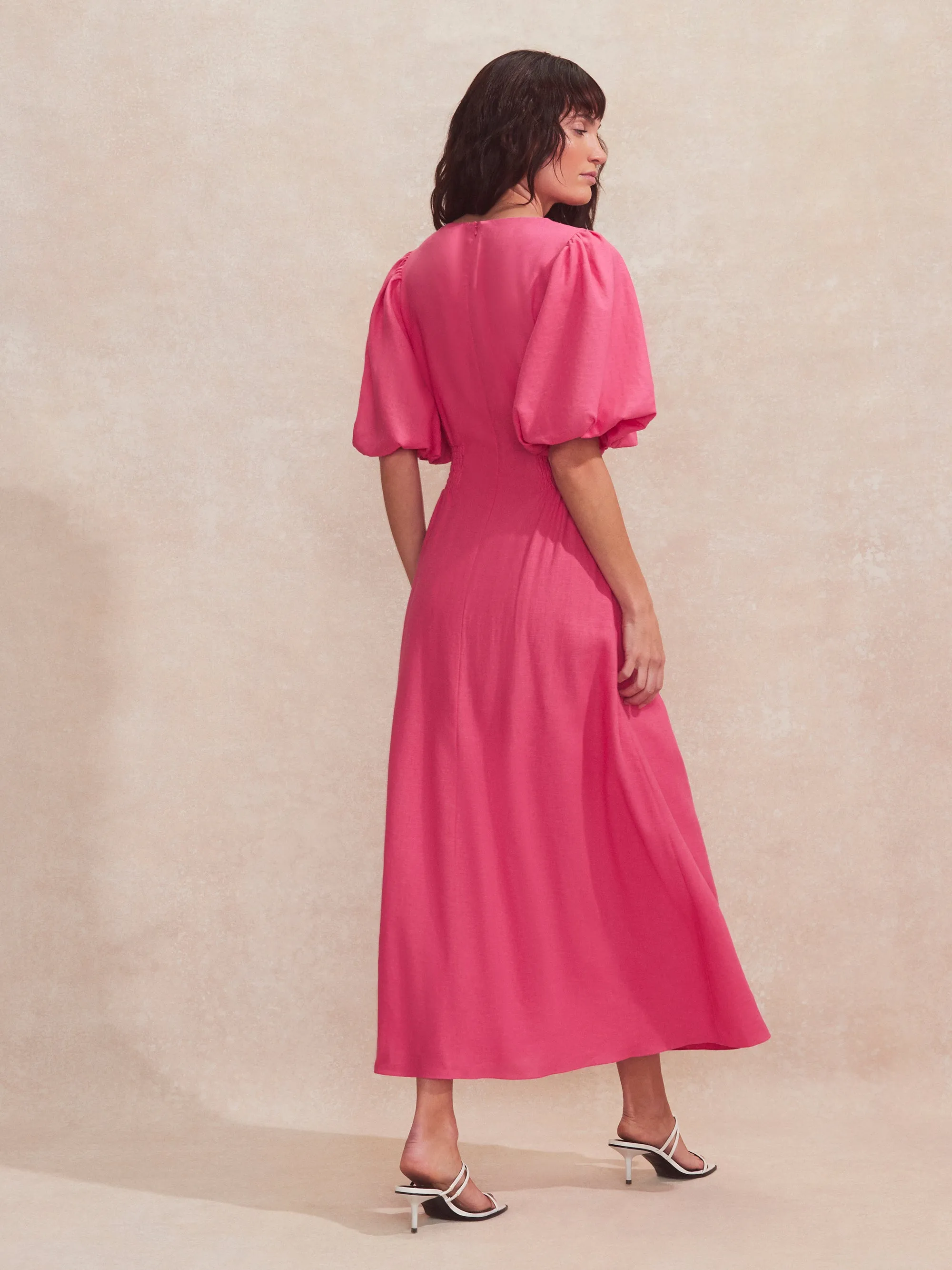 Petite Pink Pleat Detail Linen Blend Dress