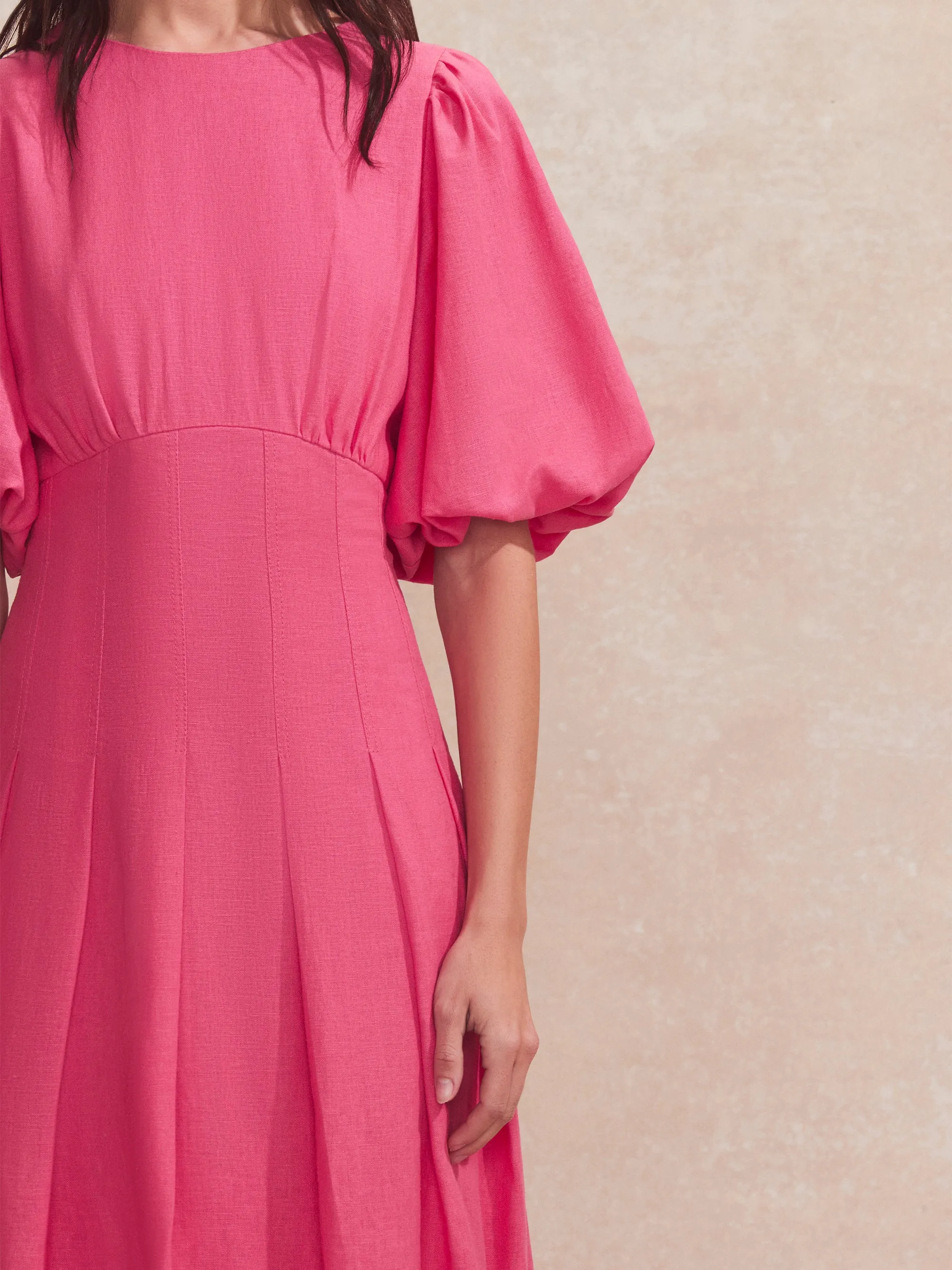 Petite Pink Pleat Detail Linen Blend Dress
