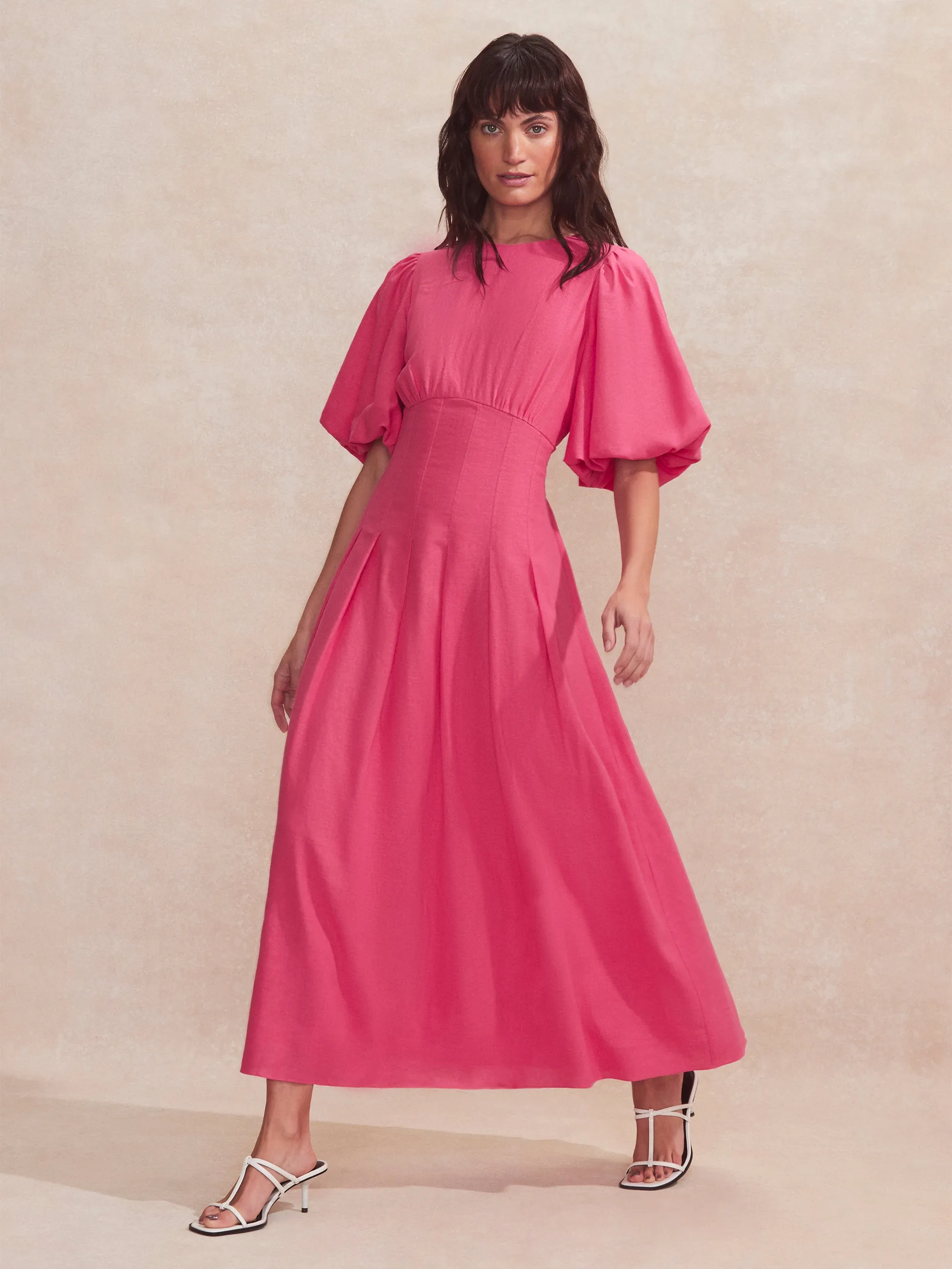 Petite Pink Pleat Detail Linen Blend Dress