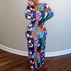 Print Long Sleeve Backless Babdage Maxi Dress