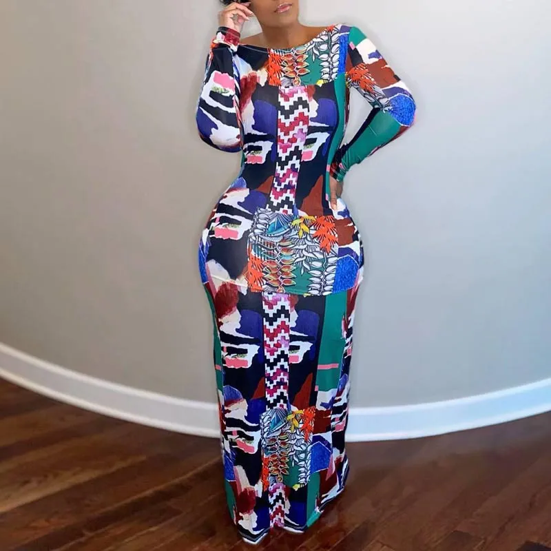 Print Long Sleeve Backless Babdage Maxi Dress