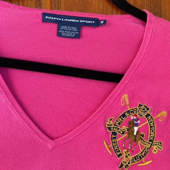 Ralph Lauren Sport Pink V Neck Sweater with Polo Crest Patch Medium 100% cotton