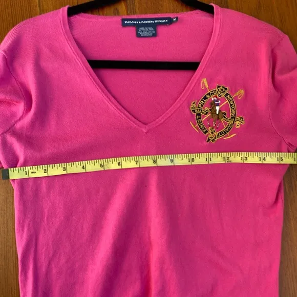 Ralph Lauren Sport Pink V Neck Sweater with Polo Crest Patch Medium 100% cotton