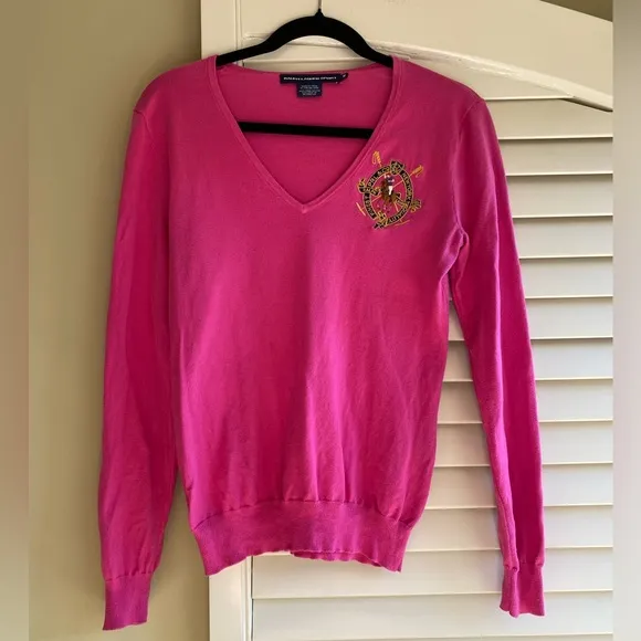 Ralph Lauren Sport Pink V Neck Sweater with Polo Crest Patch Medium 100% cotton