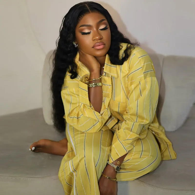 Relaxed Chic Striped Button-Up Shirt and Wide-Leg Pants Set