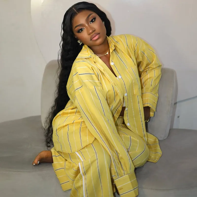 Relaxed Chic Striped Button-Up Shirt and Wide-Leg Pants Set