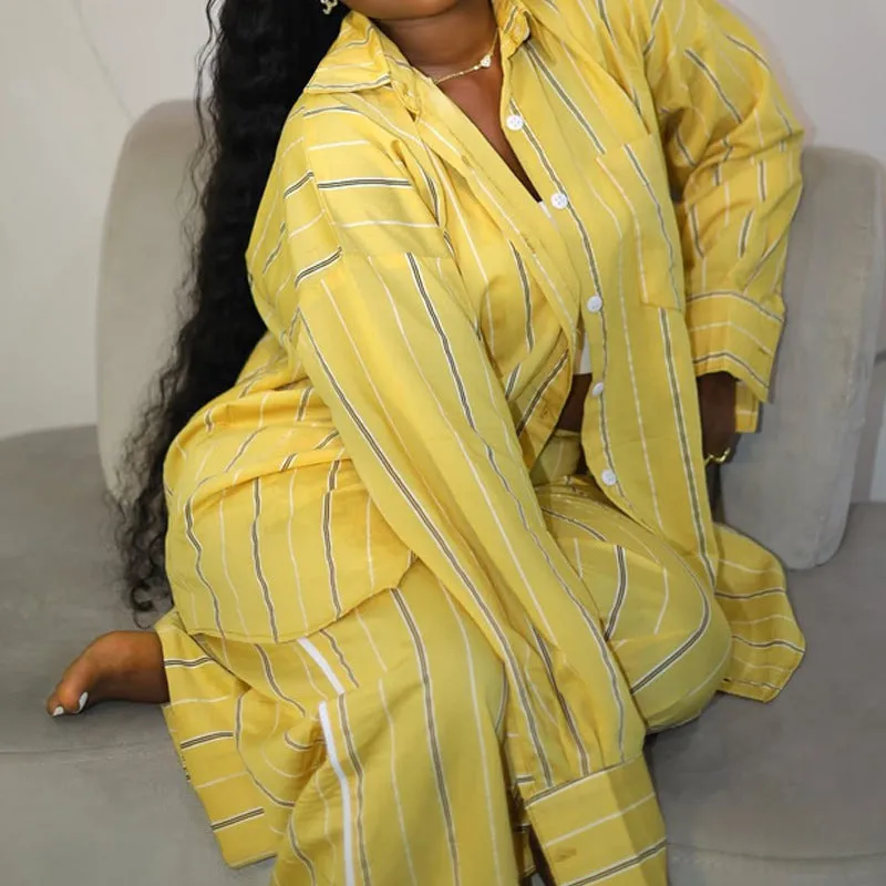 Relaxed Chic Striped Button-Up Shirt and Wide-Leg Pants Set