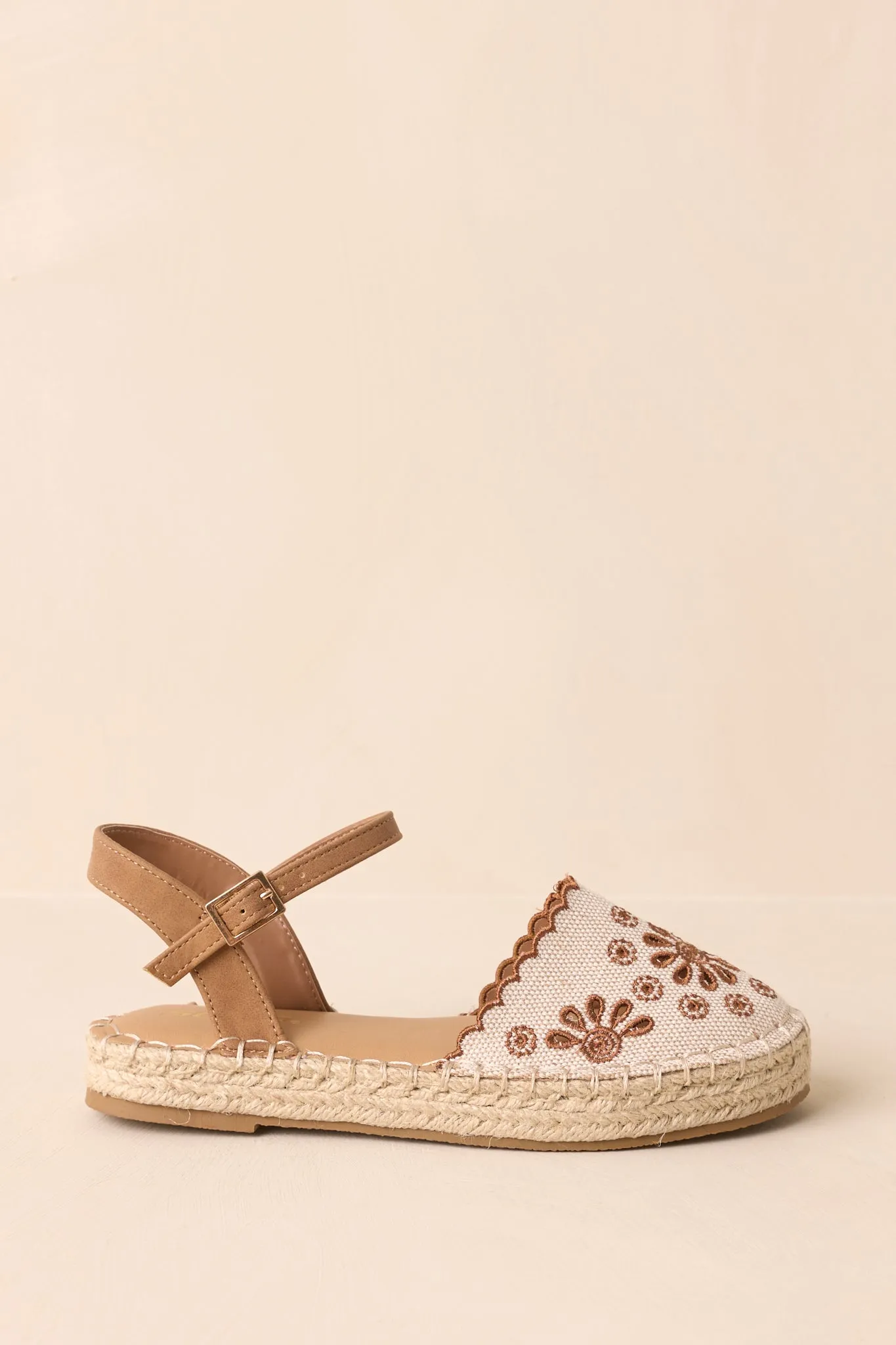 Running Late Canvas Brown Embroidered Eyelet Flat Espadrille Sandals
