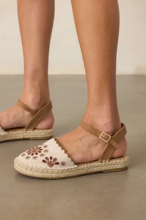 Running Late Canvas Brown Embroidered Eyelet Flat Espadrille Sandals