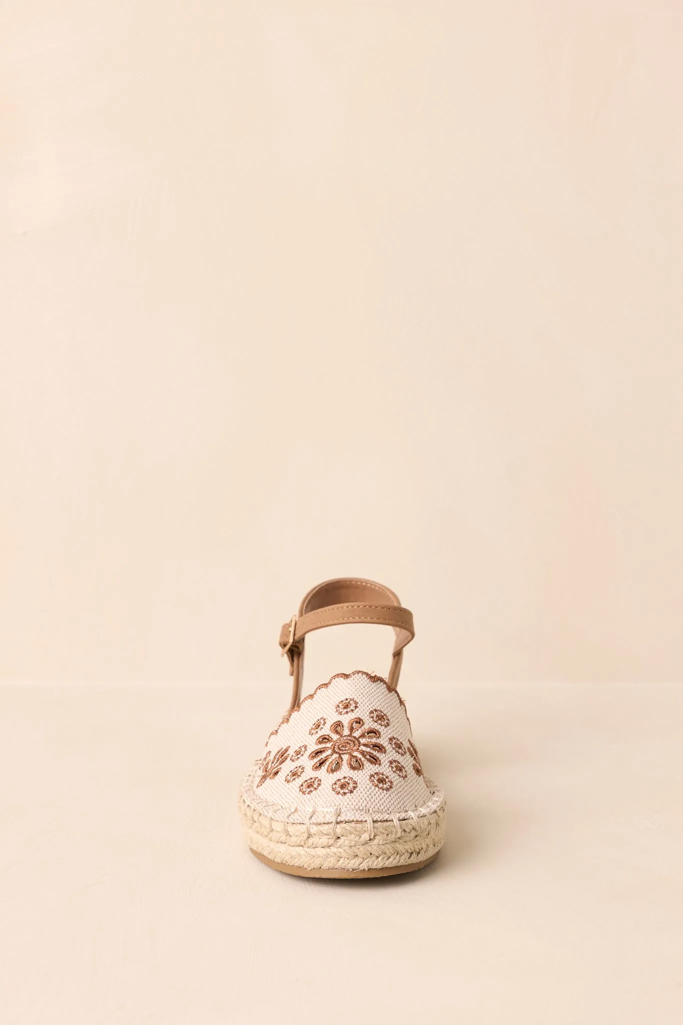 Running Late Canvas Brown Embroidered Eyelet Flat Espadrille Sandals