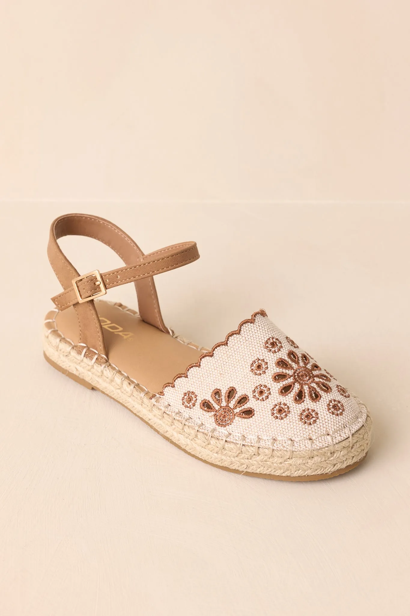 Running Late Canvas Brown Embroidered Eyelet Flat Espadrille Sandals