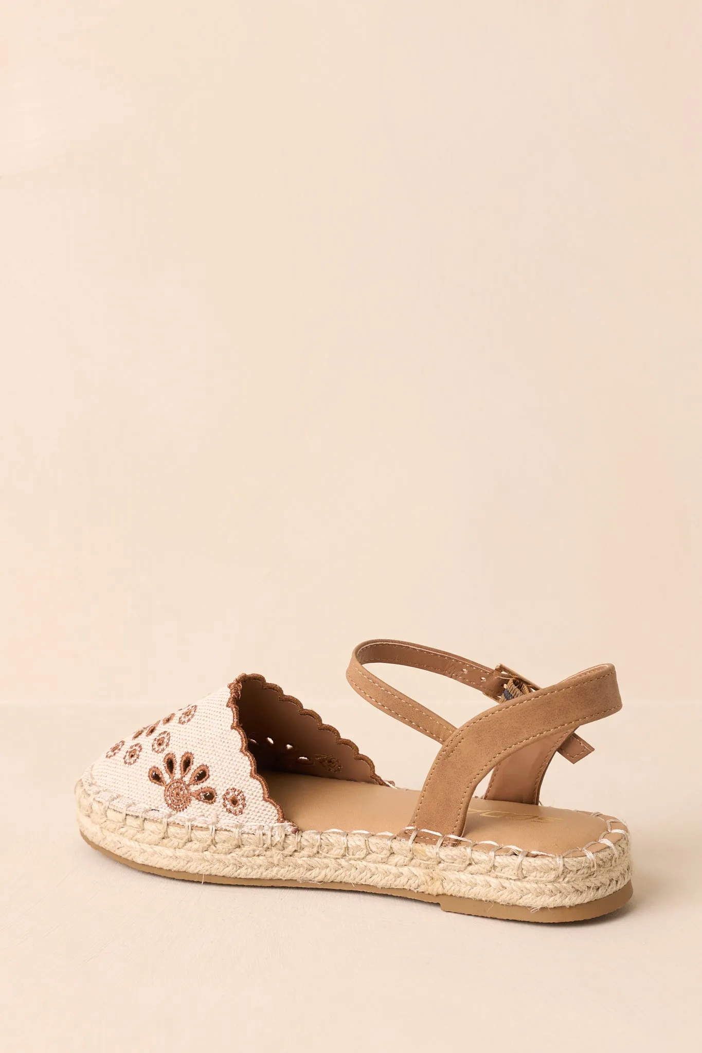 Running Late Canvas Brown Embroidered Eyelet Flat Espadrille Sandals