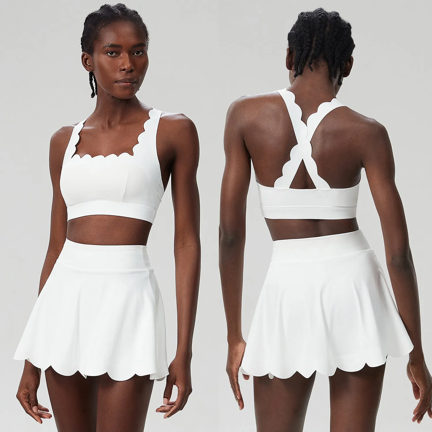 Scallop-Trim Tennis &amp; Fitness Two-Piece Set with Flowy Skirt
