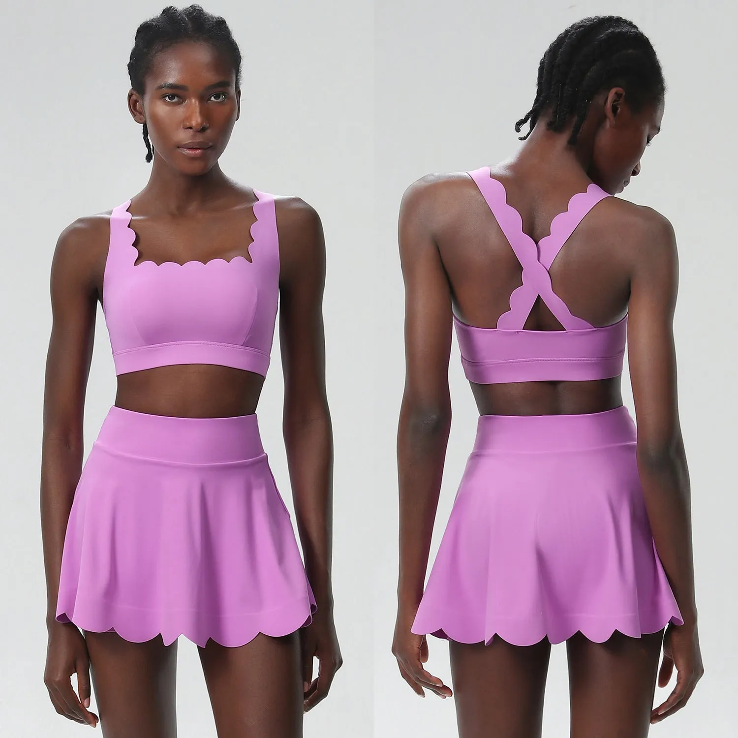 Scallop-Trim Tennis &amp; Fitness Two-Piece Set with Flowy Skirt