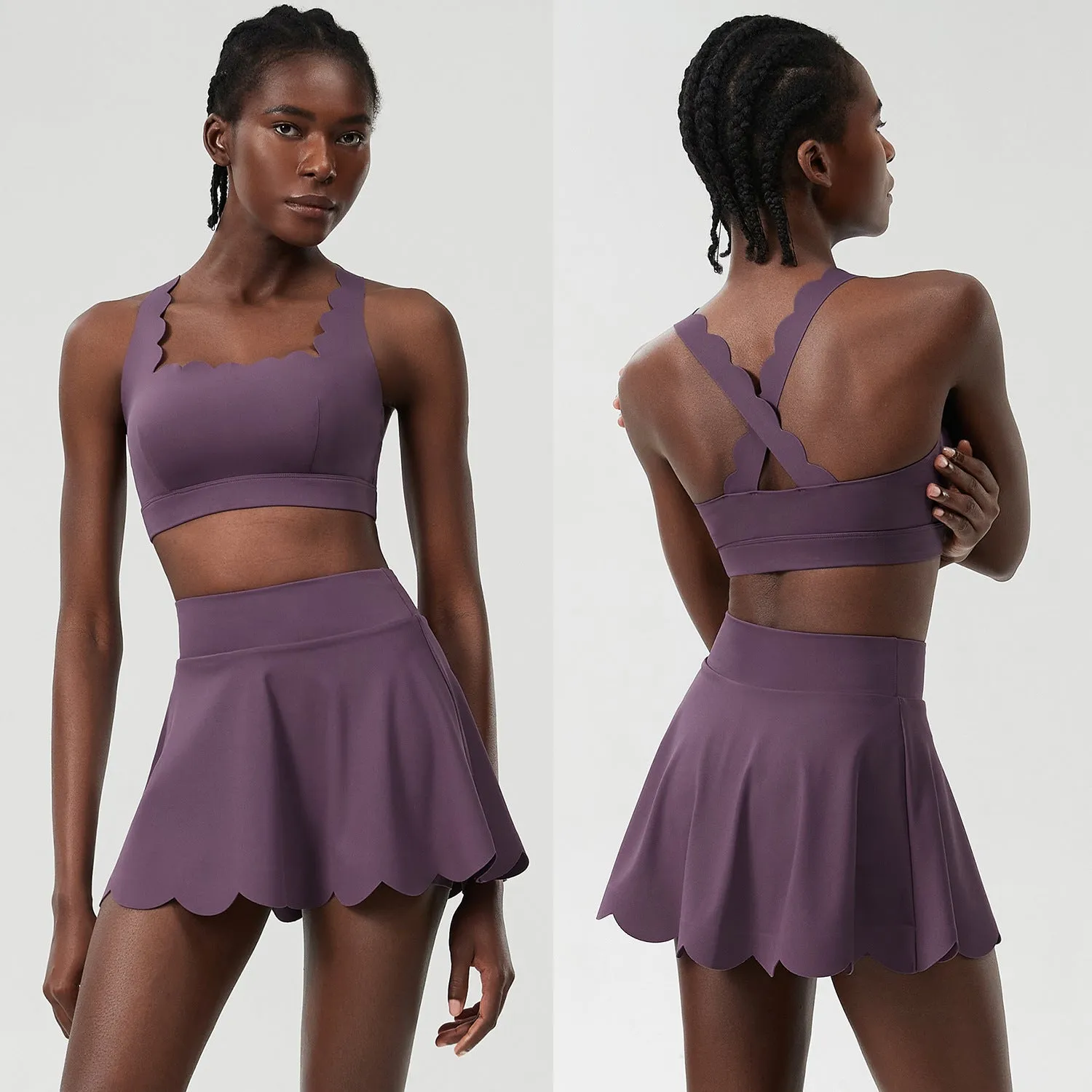 Scallop-Trim Tennis &amp; Fitness Two-Piece Set with Flowy Skirt