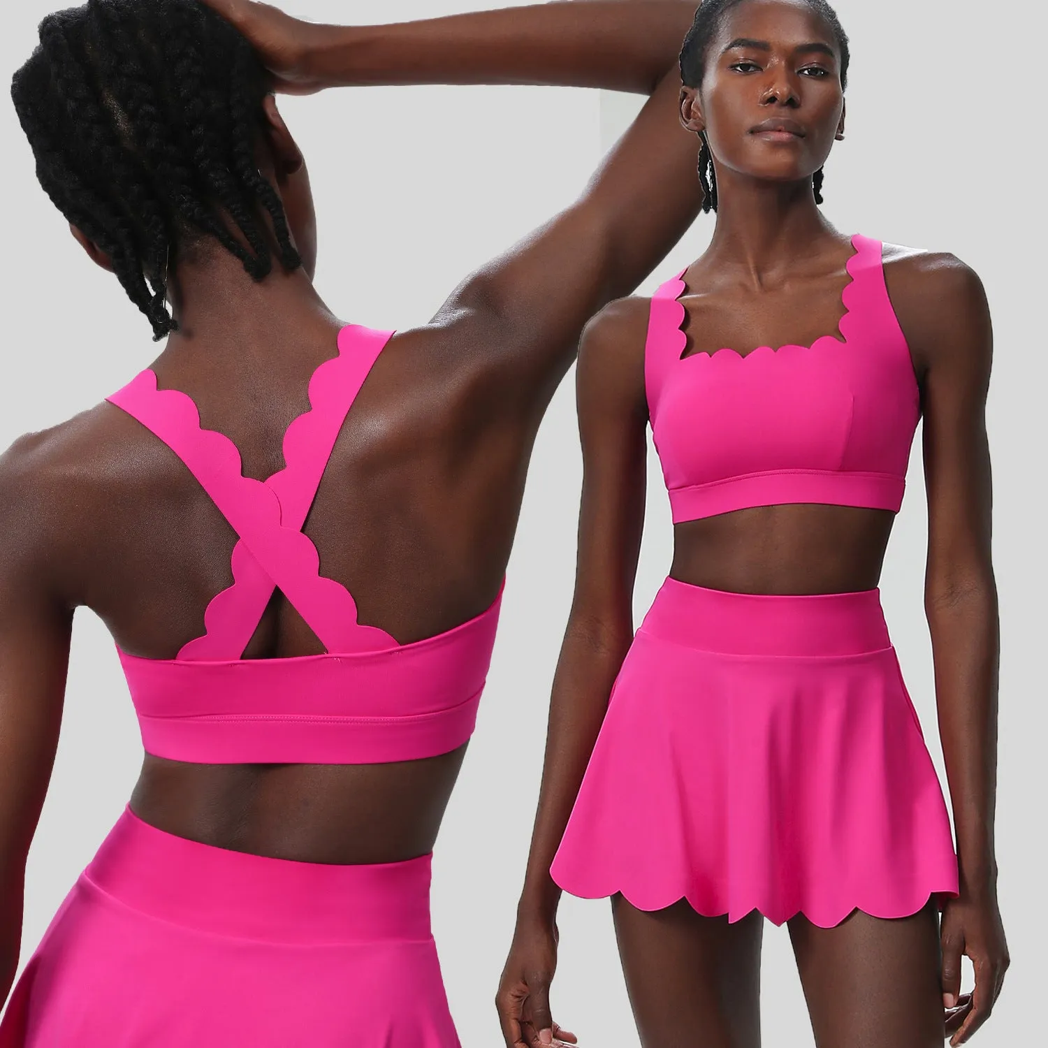 Scallop-Trim Tennis &amp; Fitness Two-Piece Set with Flowy Skirt