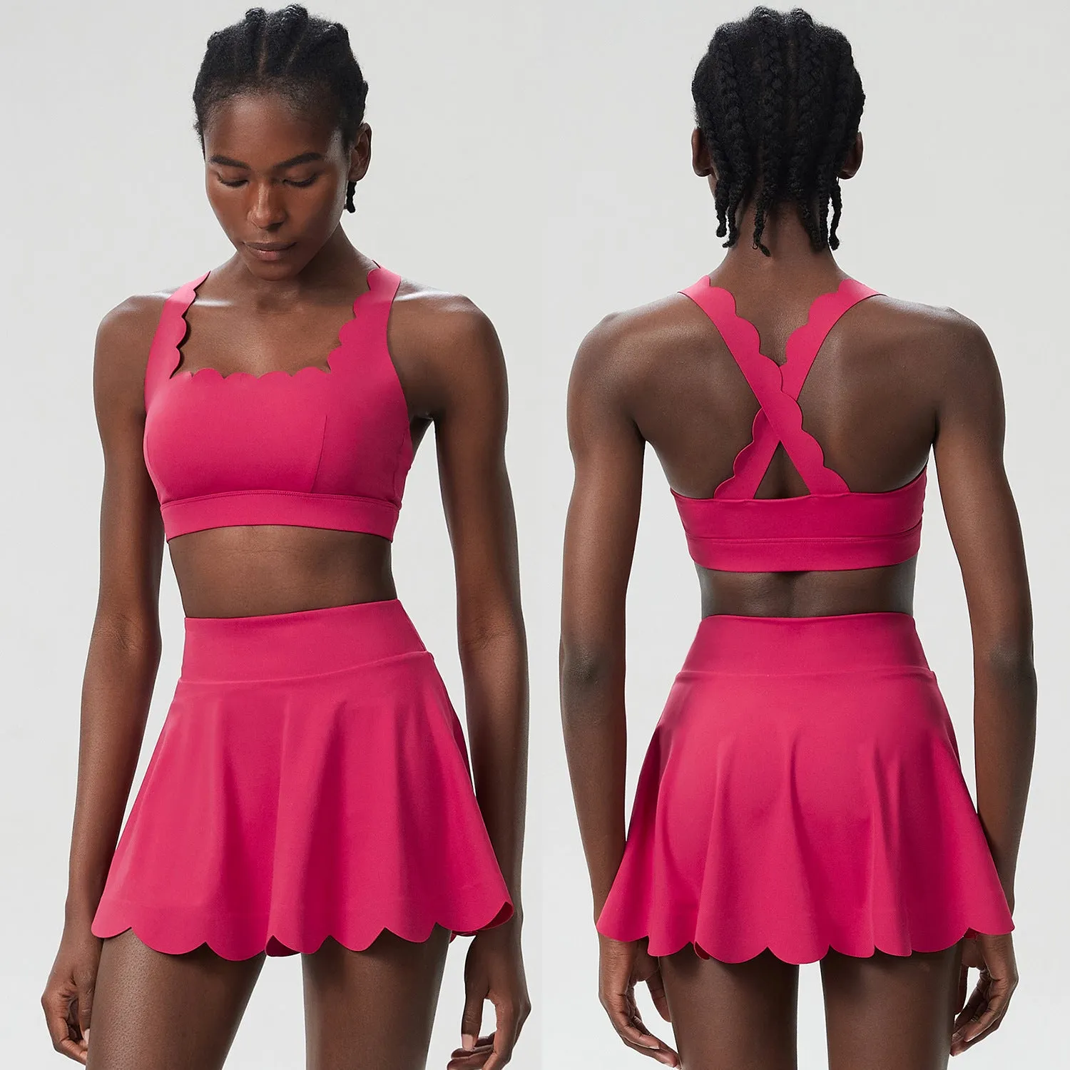 Scallop-Trim Tennis &amp; Fitness Two-Piece Set with Flowy Skirt