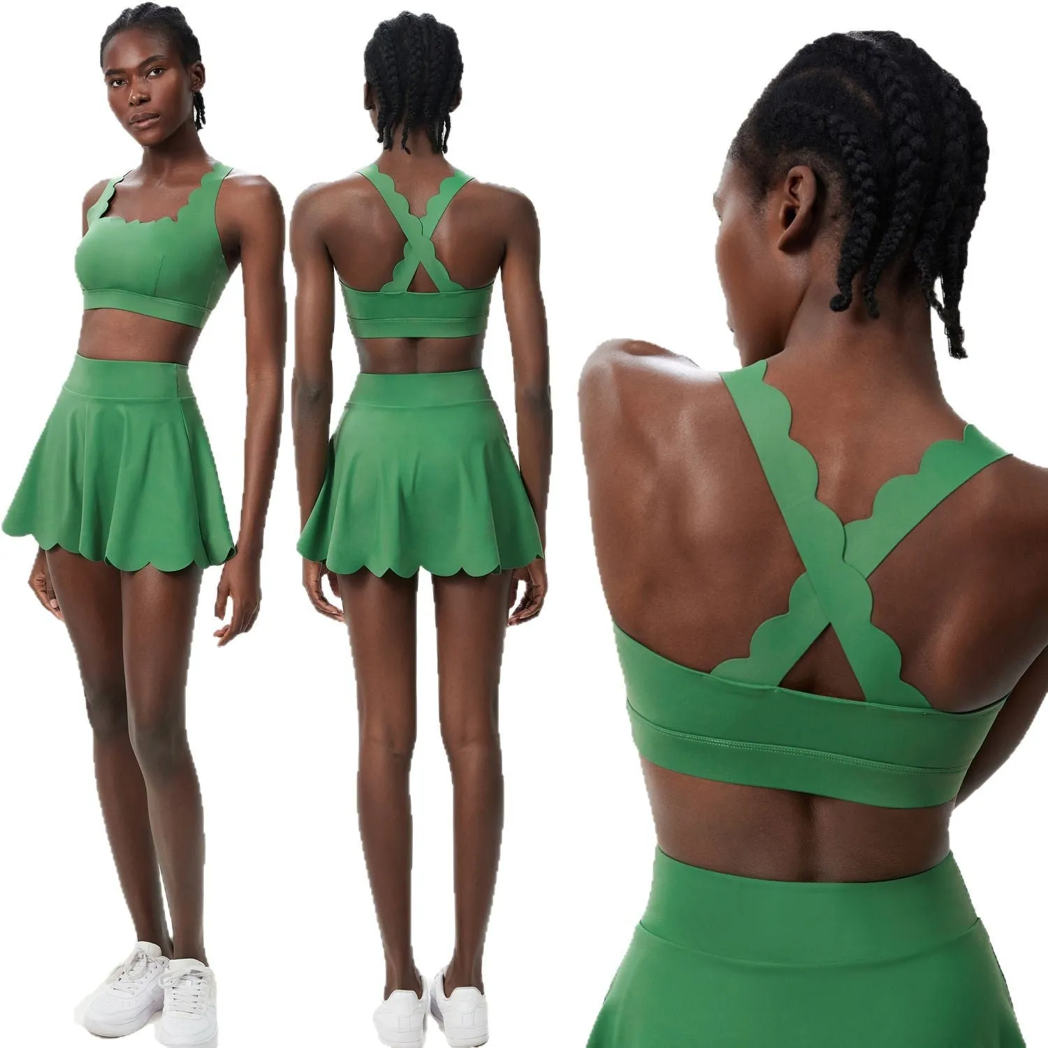Scallop-Trim Tennis &amp; Fitness Two-Piece Set with Flowy Skirt