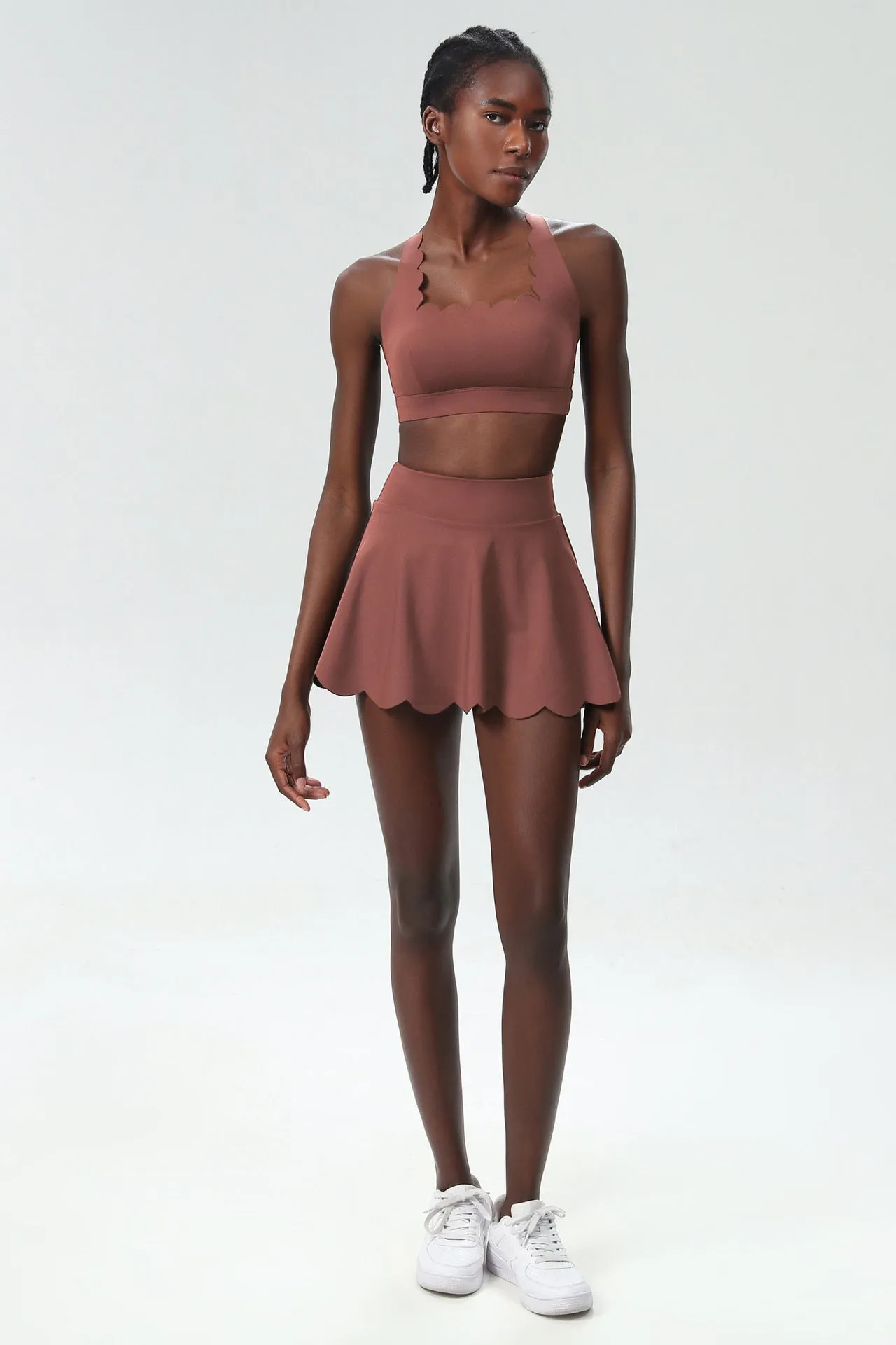 Scallop-Trim Tennis &amp; Fitness Two-Piece Set with Flowy Skirt