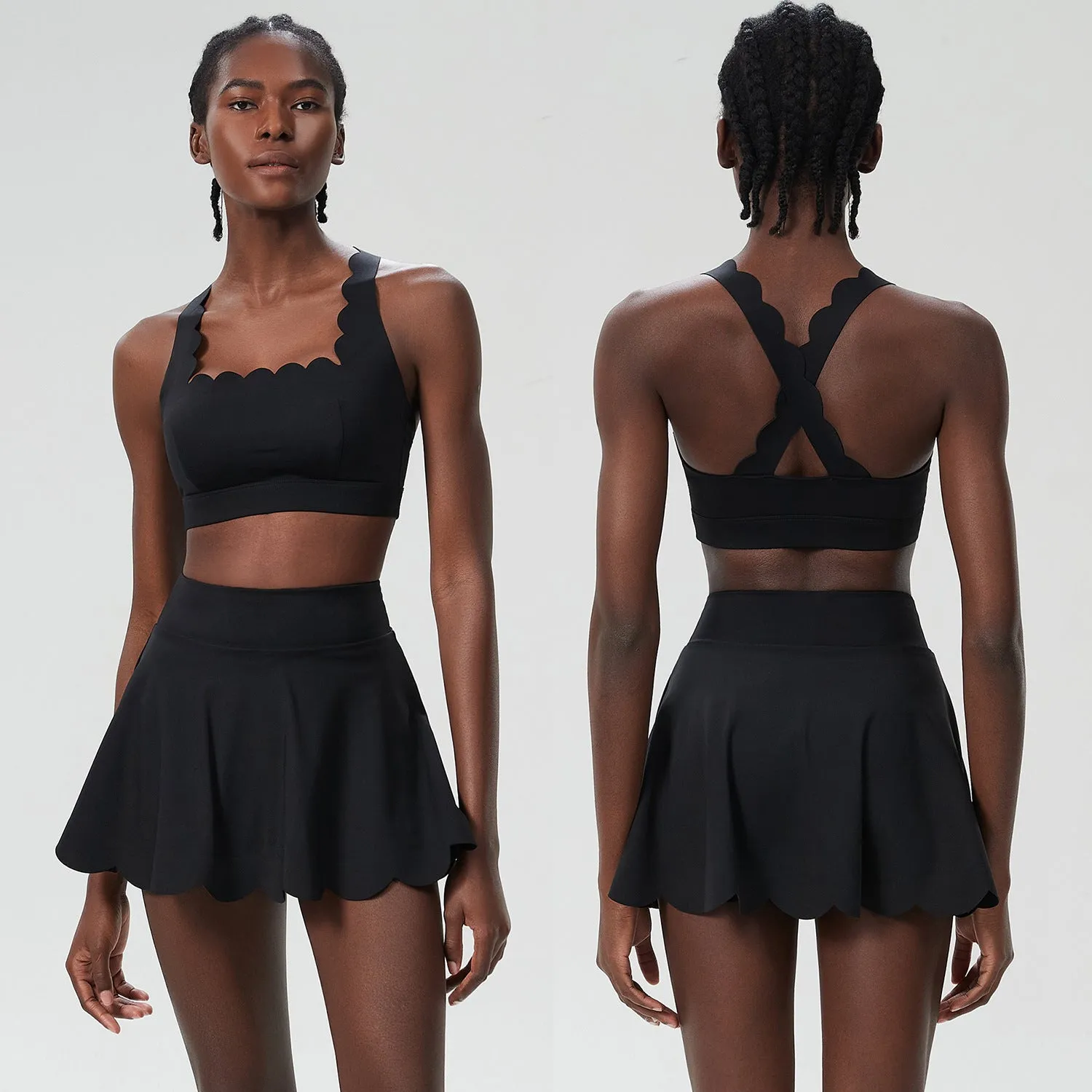 Scallop-Trim Tennis &amp; Fitness Two-Piece Set with Flowy Skirt
