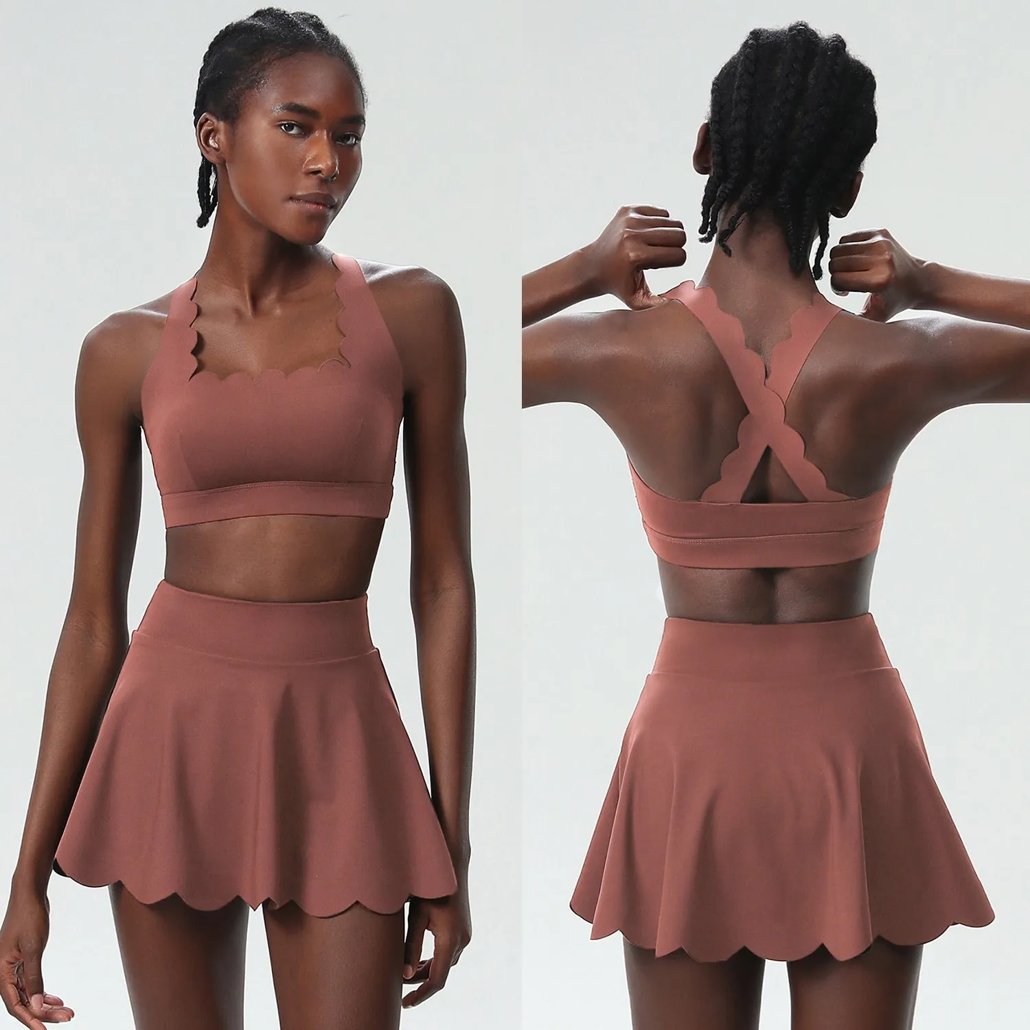 Scallop-Trim Tennis &amp; Fitness Two-Piece Set with Flowy Skirt