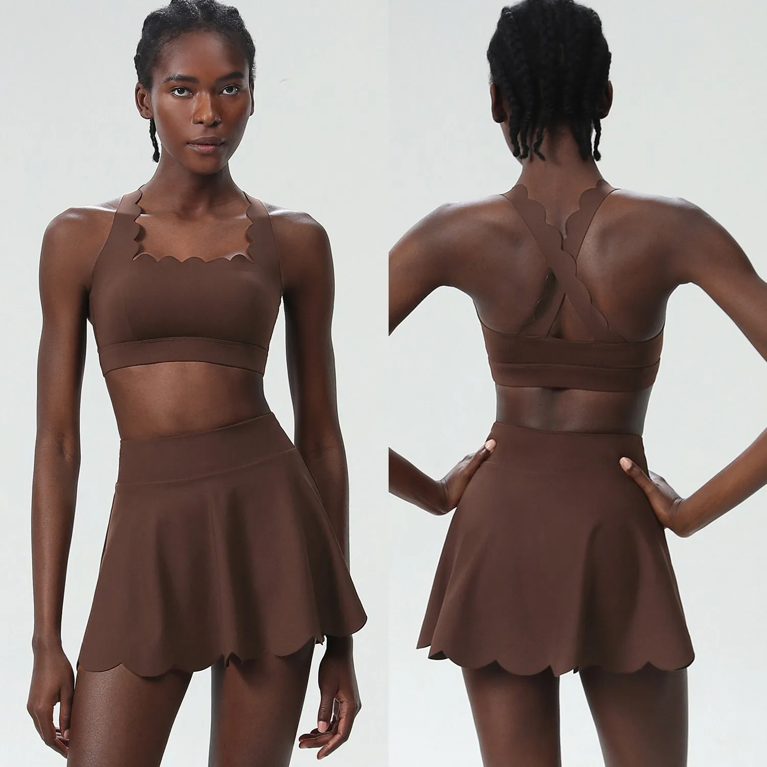 Scallop-Trim Tennis &amp; Fitness Two-Piece Set with Flowy Skirt