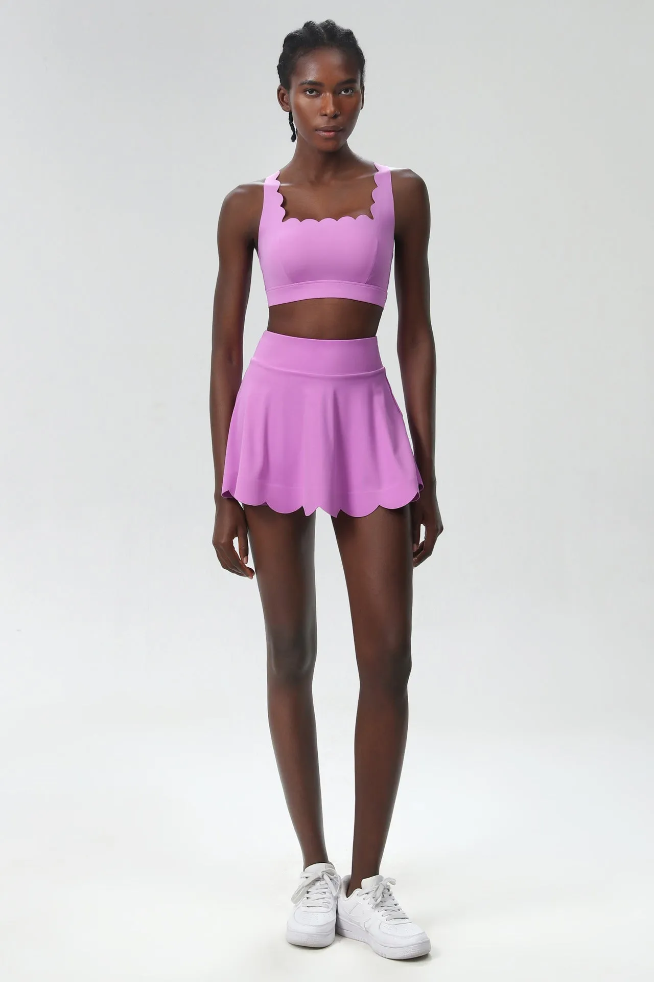 Scallop-Trim Tennis &amp; Fitness Two-Piece Set with Flowy Skirt