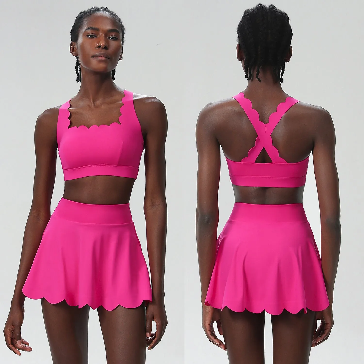 Scallop-Trim Tennis &amp; Fitness Two-Piece Set with Flowy Skirt