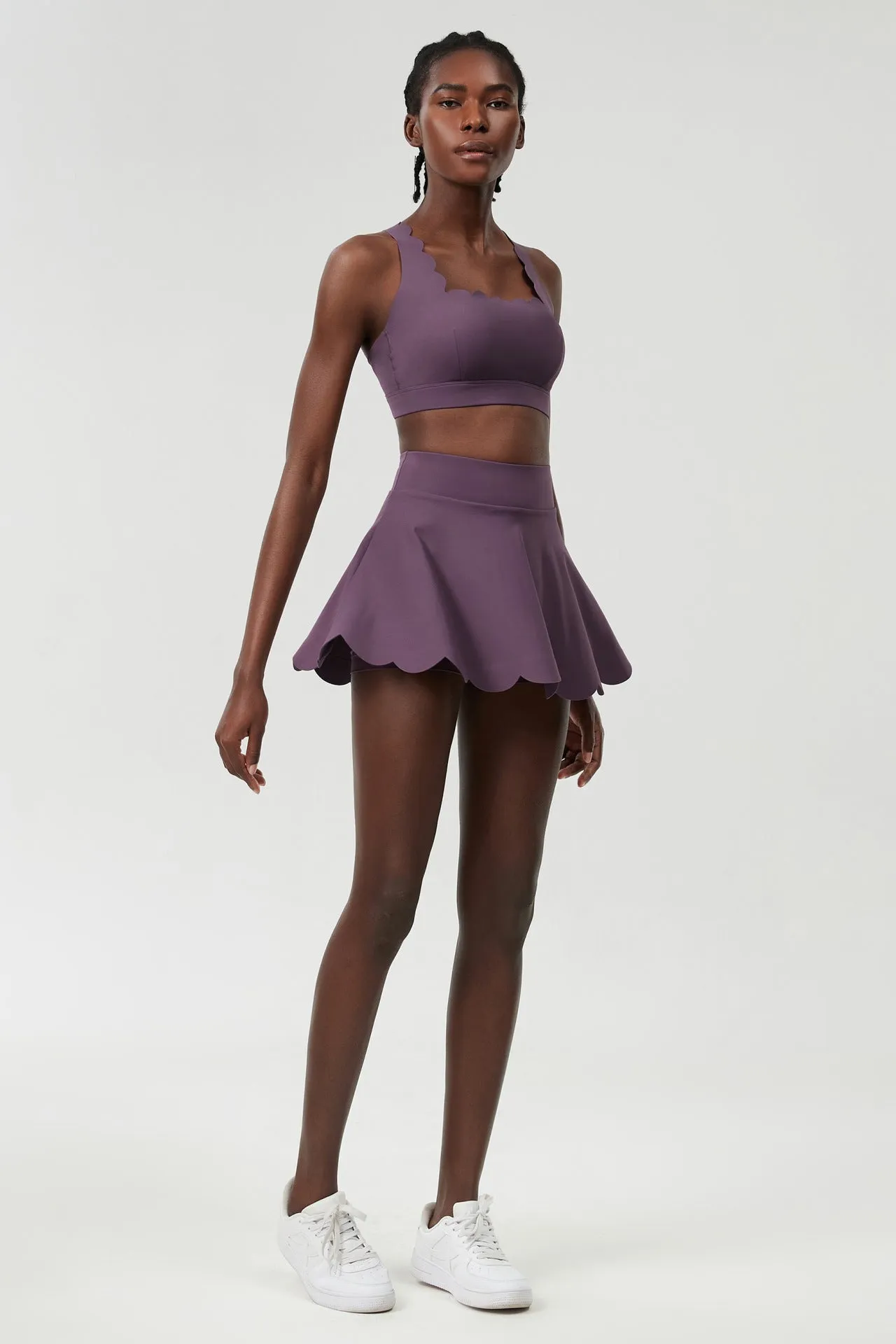 Scallop-Trim Tennis &amp; Fitness Two-Piece Set with Flowy Skirt