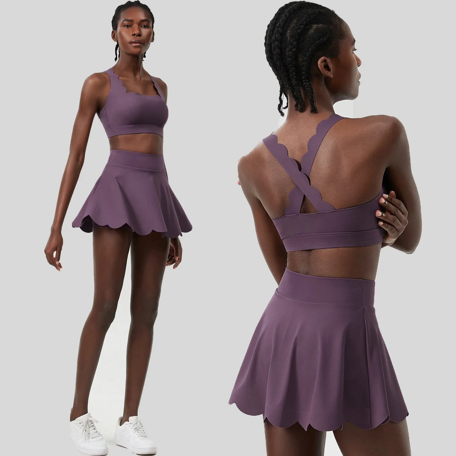 Scallop-Trim Tennis &amp; Fitness Two-Piece Set with Flowy Skirt