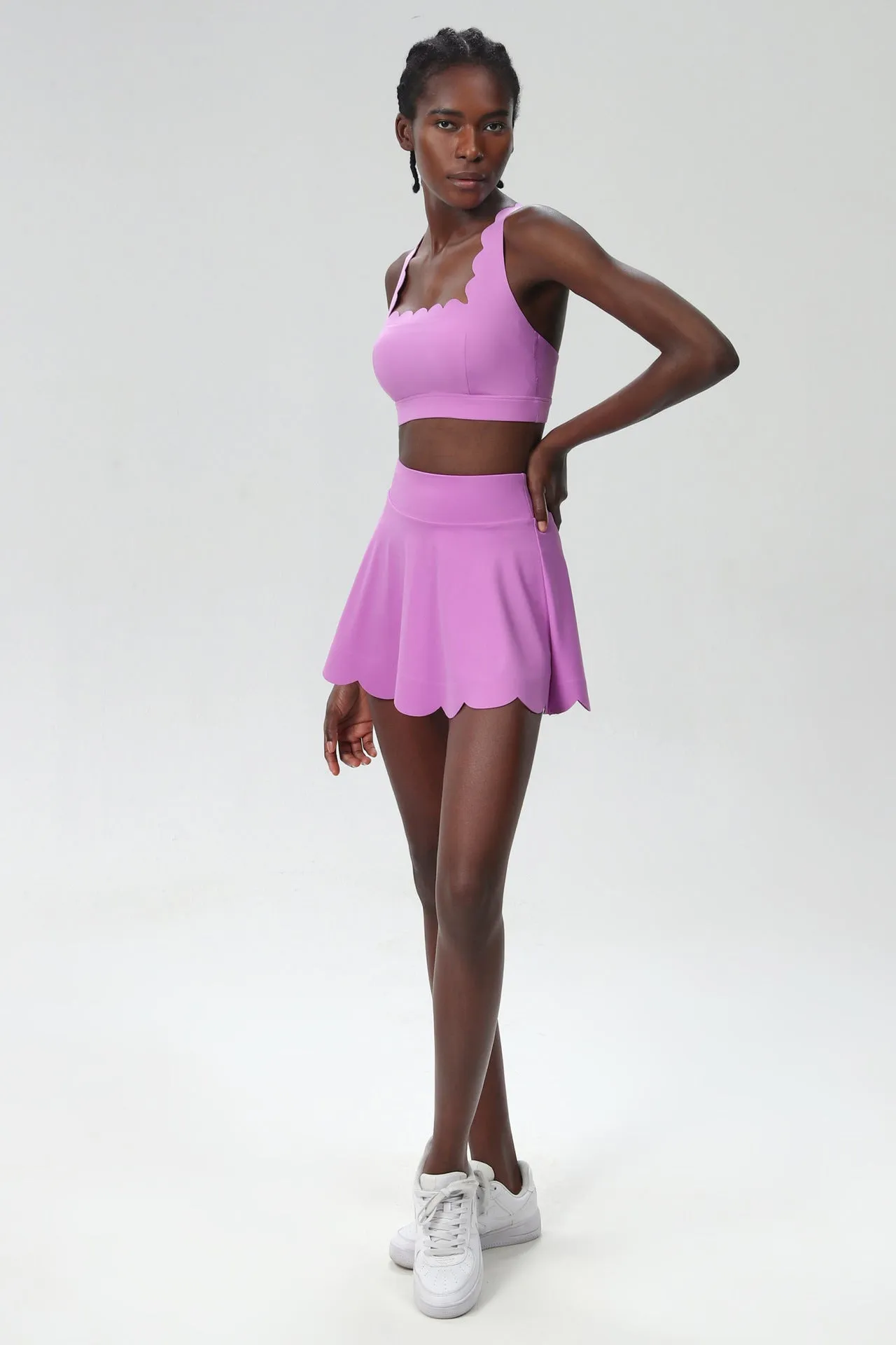 Scallop-Trim Tennis &amp; Fitness Two-Piece Set with Flowy Skirt
