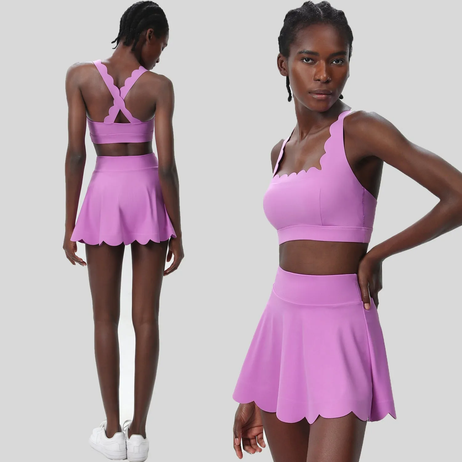 Scallop-Trim Tennis &amp; Fitness Two-Piece Set with Flowy Skirt