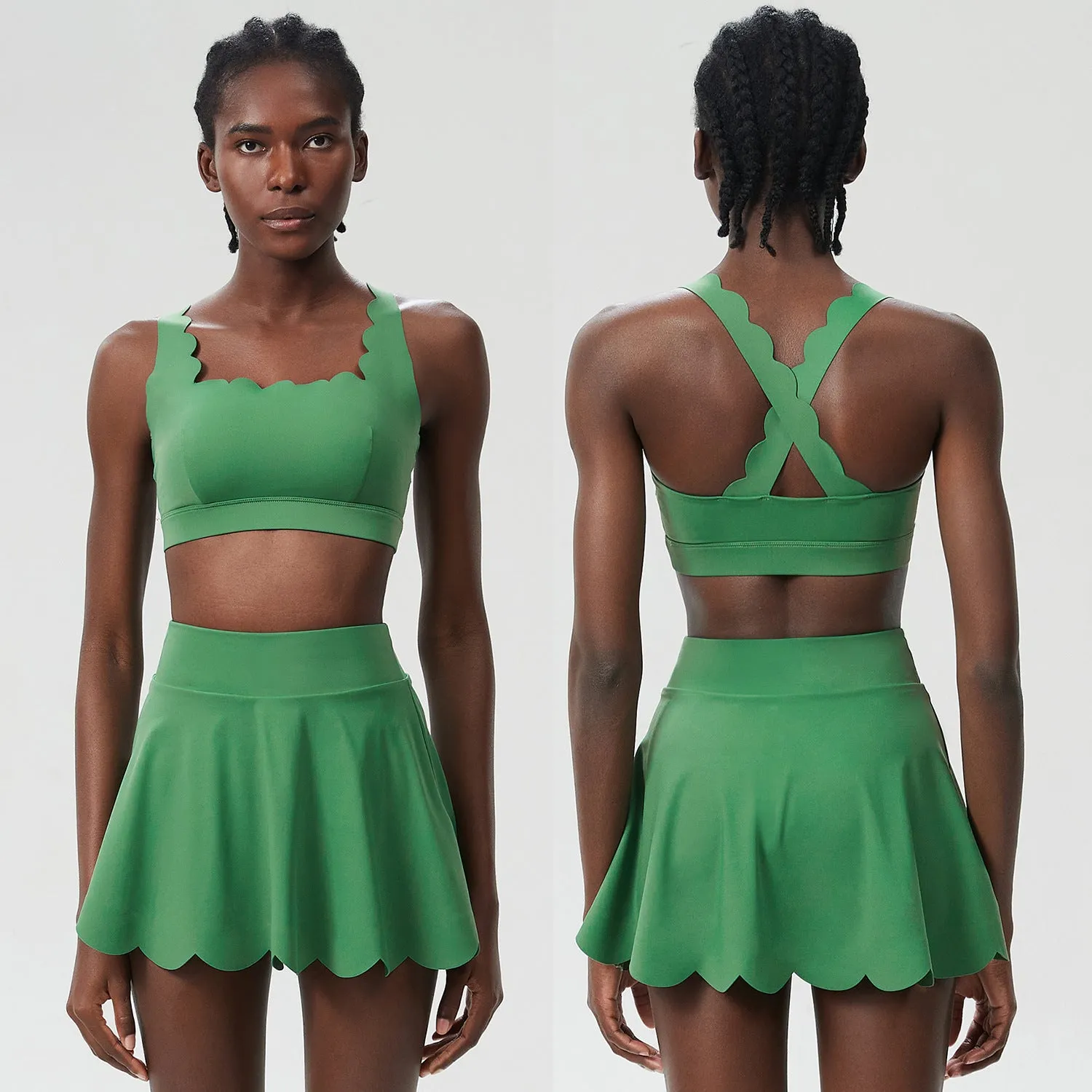 Scallop-Trim Tennis &amp; Fitness Two-Piece Set with Flowy Skirt