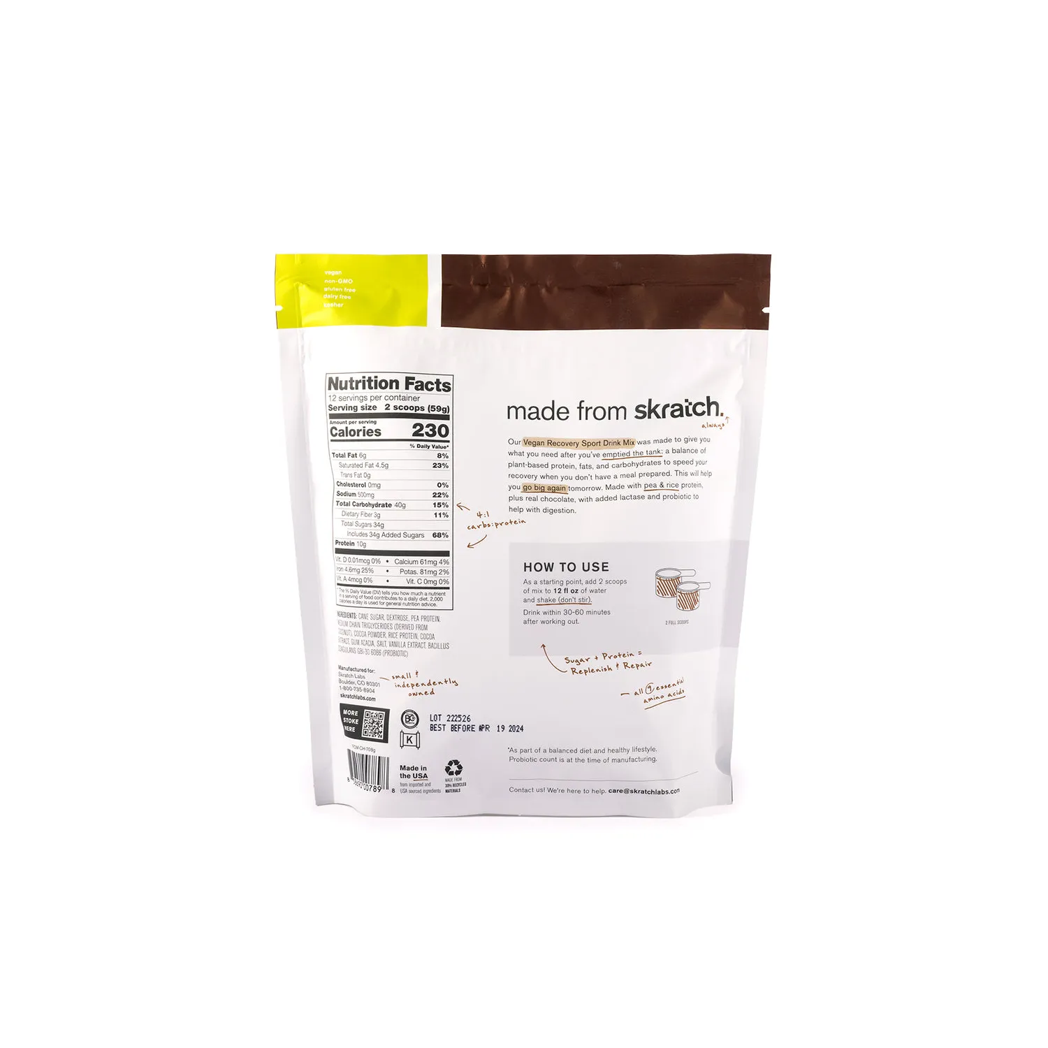 Skratch Labs Sport Vegan Recovery Drink Mix - 12 Servings - Chocolate