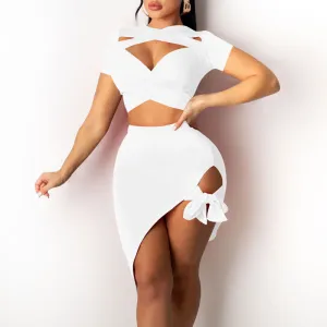 Solid Hollow Out Bandage Bowknot Skirt Set