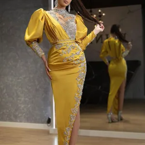 Solid Lantern Sleeve Sequins High Split Party Dress