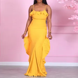 Solid Sleeveless Ruffle Design Maxi Dress