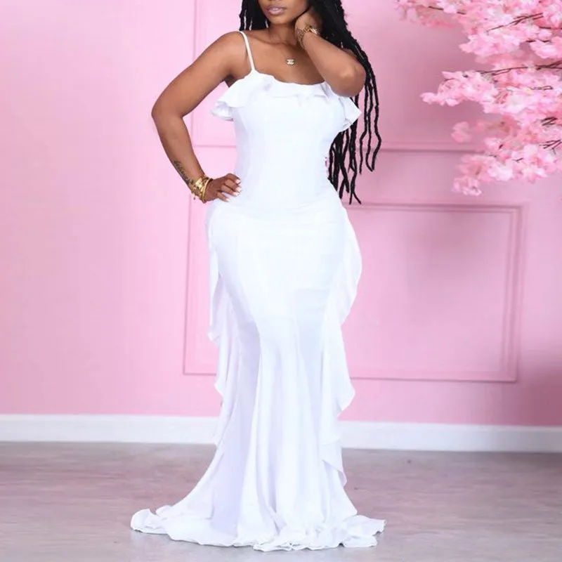 Solid Sleeveless Ruffle Design Maxi Dress