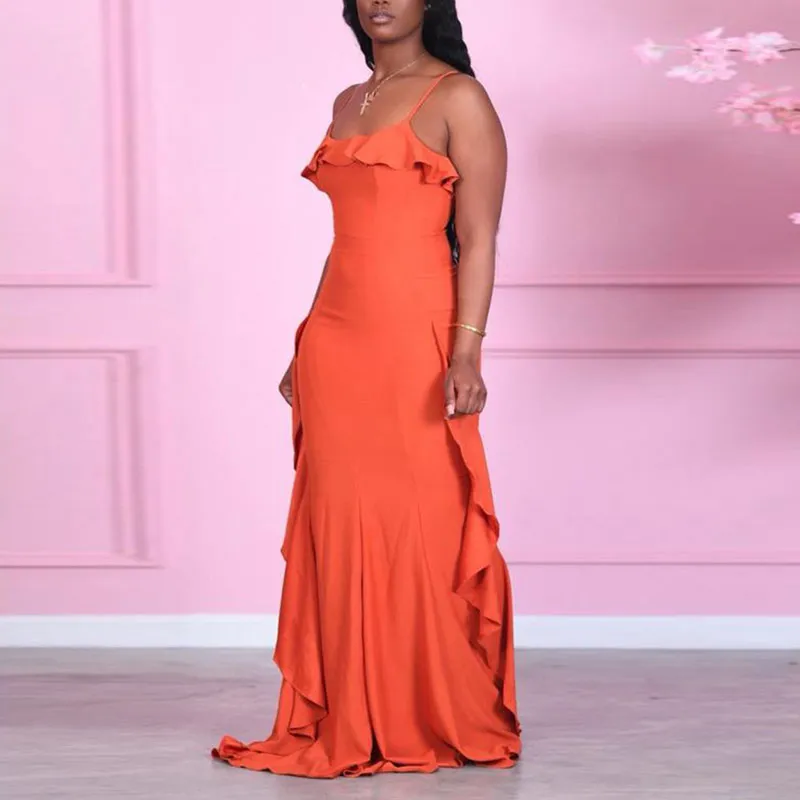 Solid Sleeveless Ruffle Design Maxi Dress