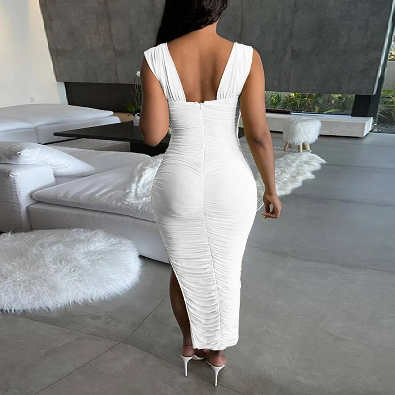 Solid Sleeveless Slit Ruched Maxi Dress