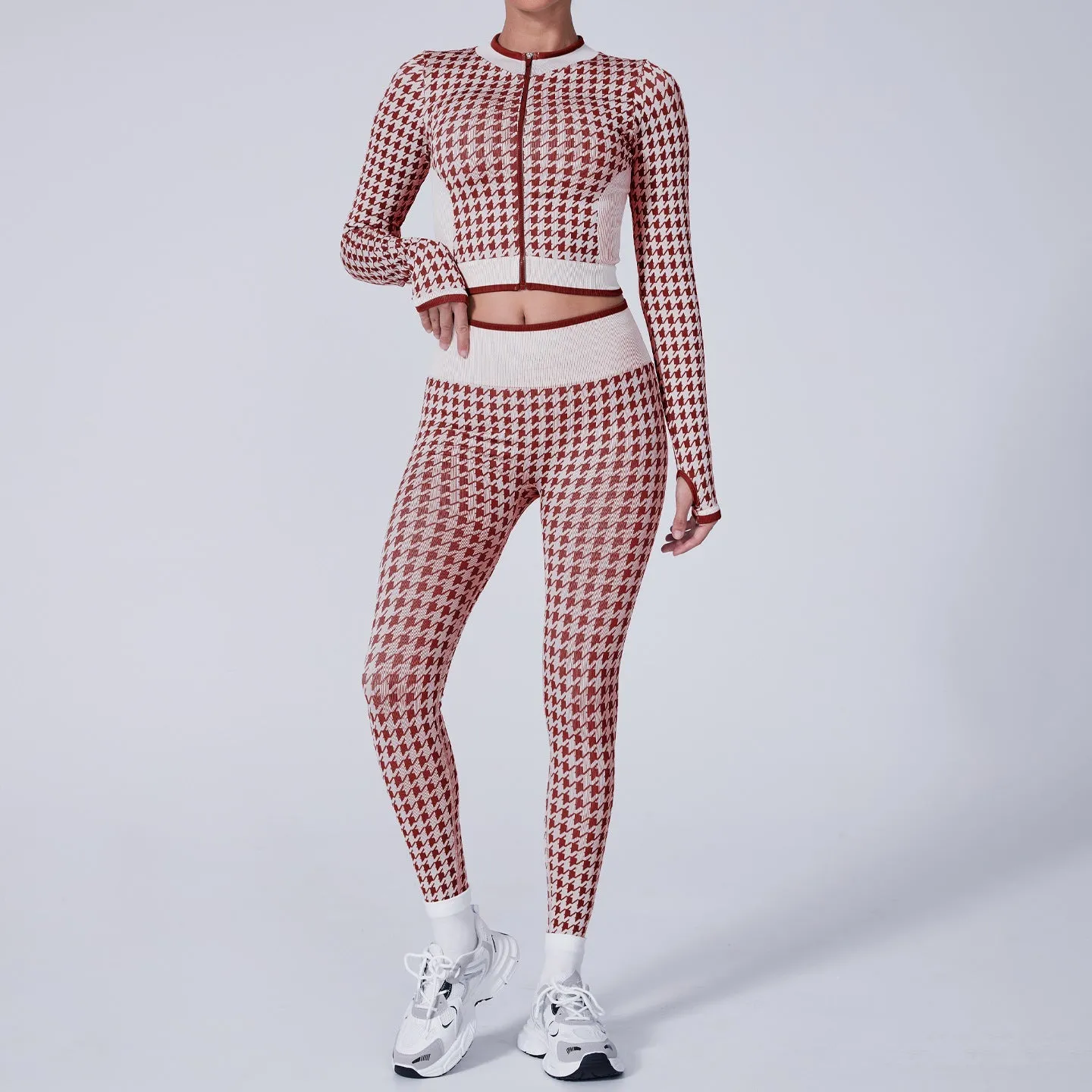 Stylish Houndstooth Two-Piece Yoga Set with Ribbed Design