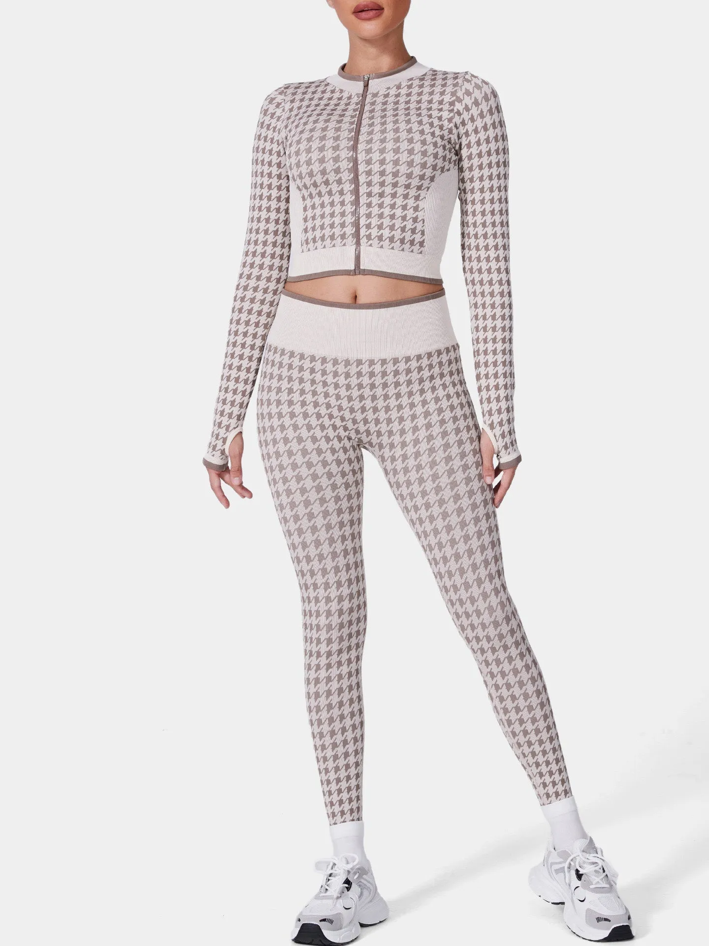 Stylish Houndstooth Two-Piece Yoga Set with Ribbed Design