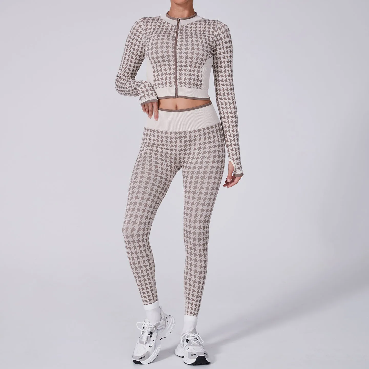 Stylish Houndstooth Two-Piece Yoga Set with Ribbed Design