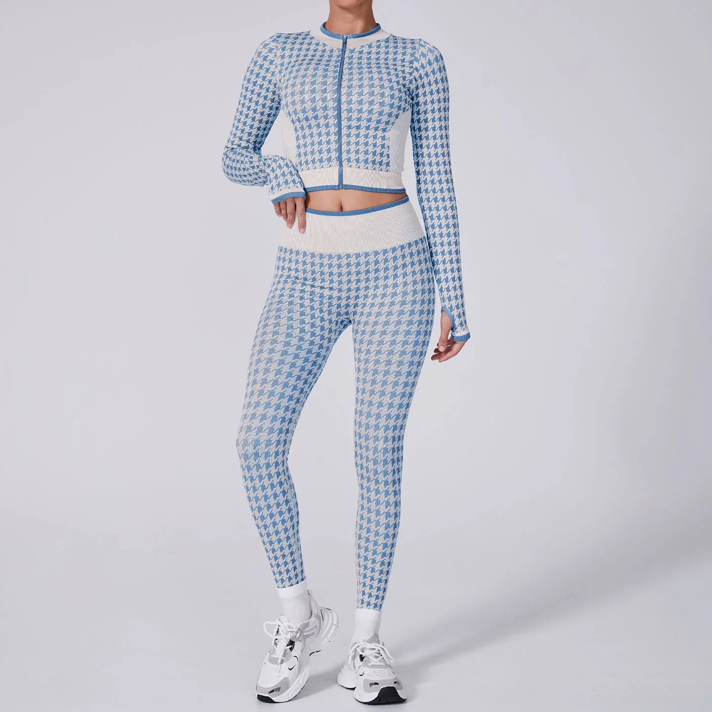 Stylish Houndstooth Two-Piece Yoga Set with Ribbed Design