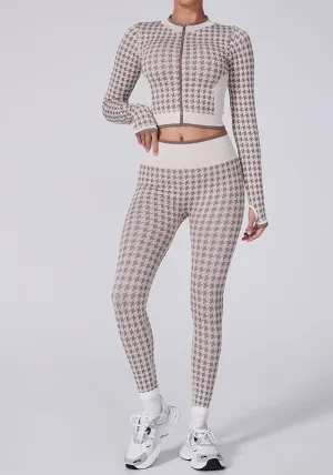 Stylish Houndstooth Two-Piece Yoga Set with Ribbed Design