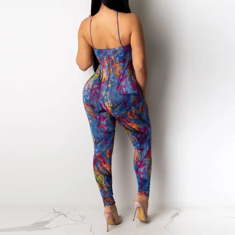 Tie Dye Print Halter Sleeveless Jumpsuit