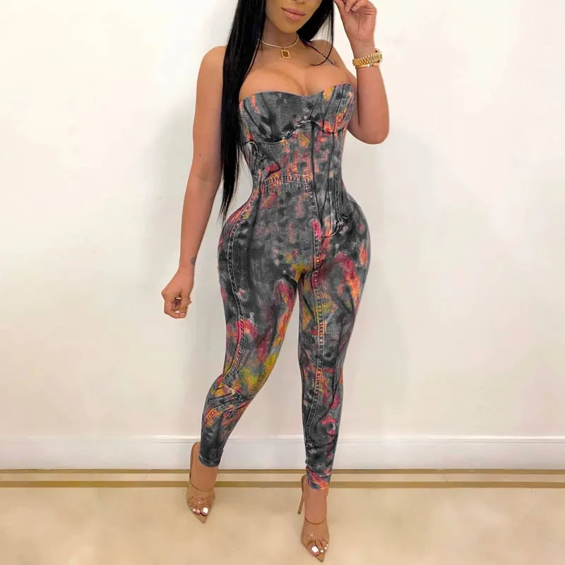 Tie Dye Print Halter Sleeveless Jumpsuit