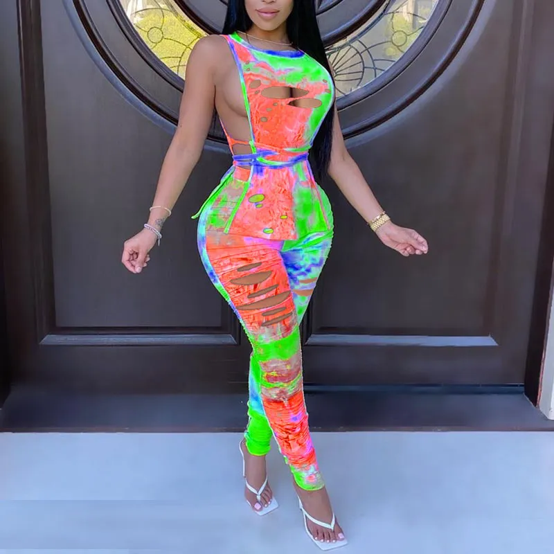 Tie Dye Print Sleeveless Cut Out Two Piece Set