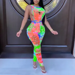 Tie Dye Print Sleeveless Cut Out Two Piece Set